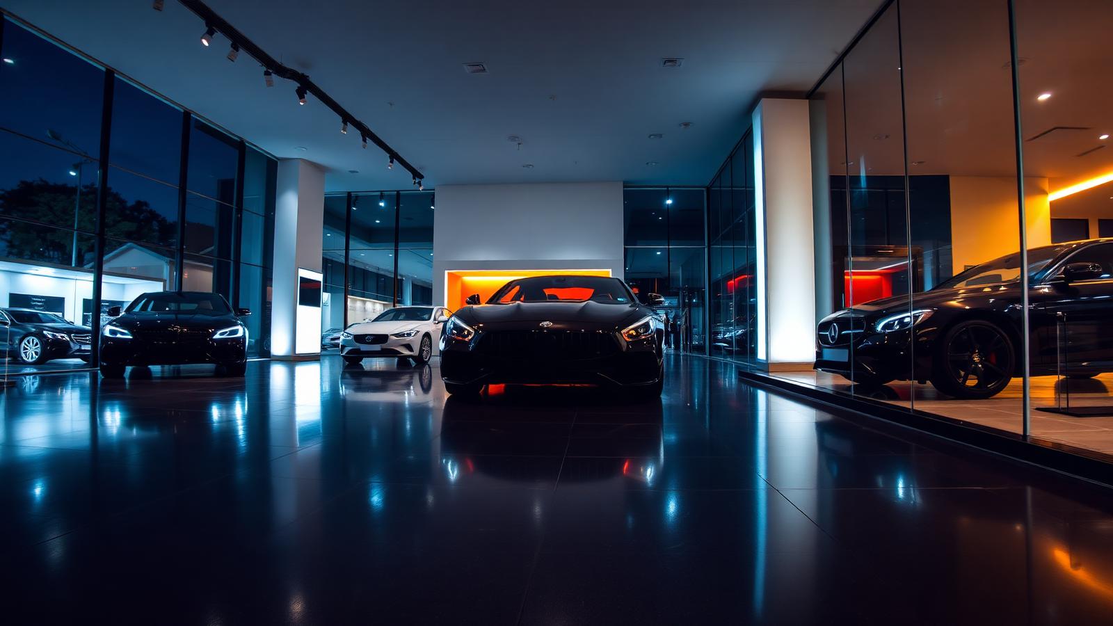 Harnall Autos showroom interior at night