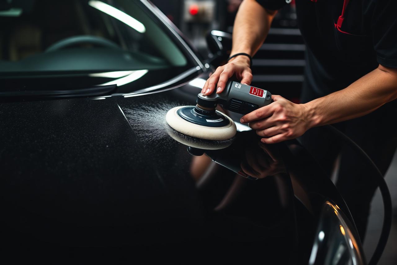 Machine polishing a black car during professional valeting